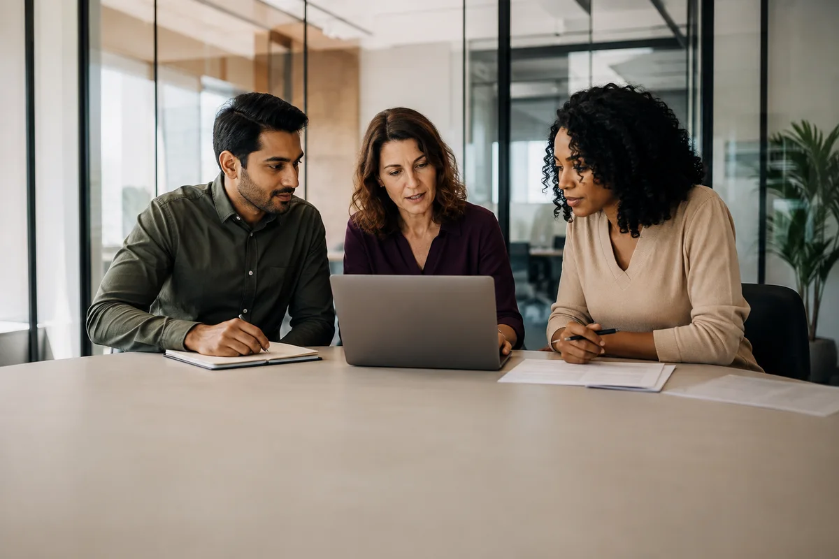 A corporate team collaborating around a laptop and documents in a meeting room.